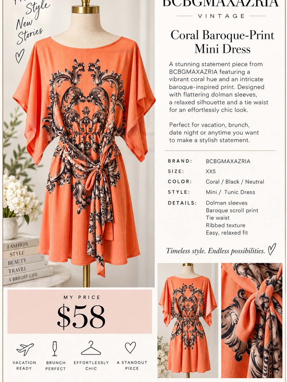 BCBGMaxAzria Coral Mini Dress with Black Baroque Print